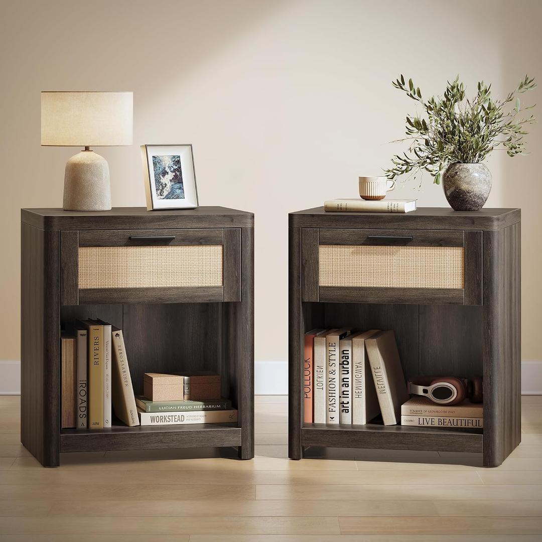 VASAGLE Set of 2 Boho Nightstands with Rattan-Look Drawer, 15"D x 18.9"W x 23.6"H-BOHO