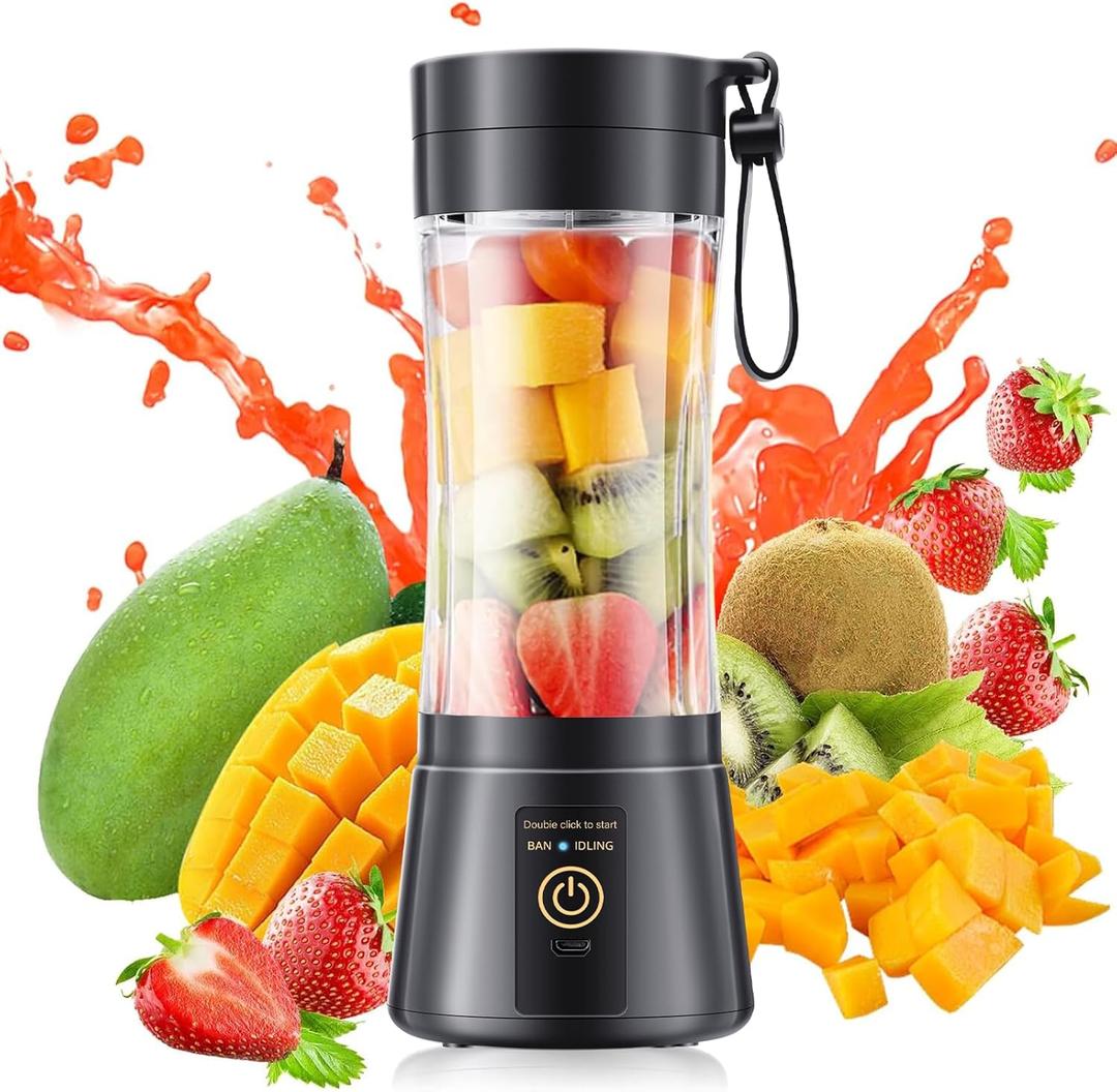 Portable Blender for Smoothies and Shakes - Mini Blender with 6 Stainless-Steel Blades for Powerful Mix Juicer with 380Ml Travel Cup for Picnic/Gym/Office (Black)