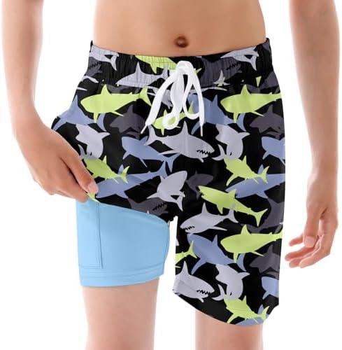 UNICOMIDEA Boys Swim Trunks Quick Dry Kids Bathing Suits with Compression Liner Boy Swim Shorts for Kid Swimming Black Camouflage with Shark Pattern Board Short Size 7T