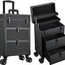 Rolling Makeup Train Case with 2 Large Drawers Cosmetology Case on Wheels Nail Carts Organizer Case Make Up Artist Tattoo Travel Case with Wheels Salon Trolley Black