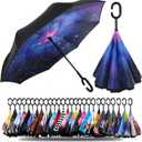 SIEPASA 49/56 Inch Inverted Reverse Upside Down Umbrella, Extra Large Double Canopy Vented Windproof Waterproof Stick Golf Umbrellas with C-shape Handle. (49 Inch, A-the Galaxy)