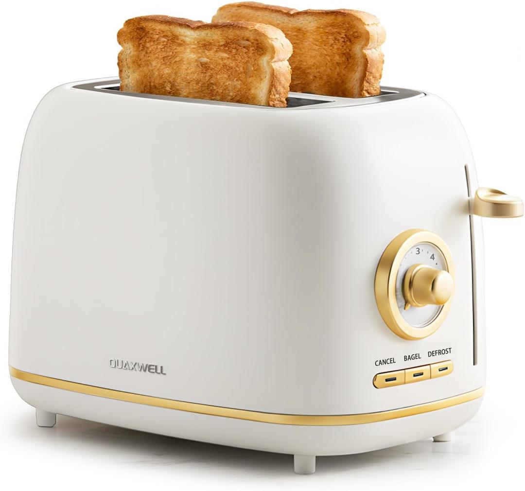 2-Slice Toaster, Wide Slots, 7 Bread Shade Settings, Stainless Steel, Bagel, Cancel, and Defrost Functions, Removable Crumb Tray, Retro Style Toaster,Matte White and Gold