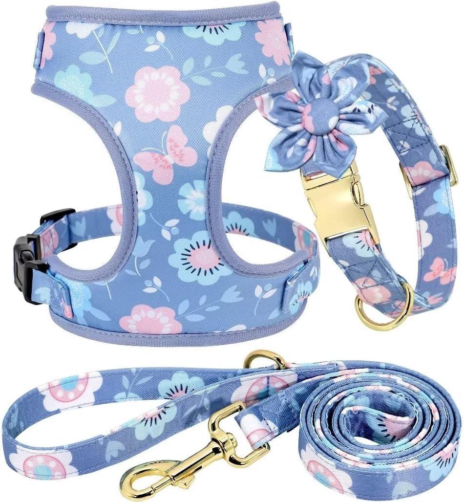 Beirui Cute Girl Dog Collars, Harnesses & Leashes Set - Adjustable Dog Collar and Leash Set with Flower - Soft Mesh Dog Vest Harness for Puppies Small Medium Dogs (Purple,S)