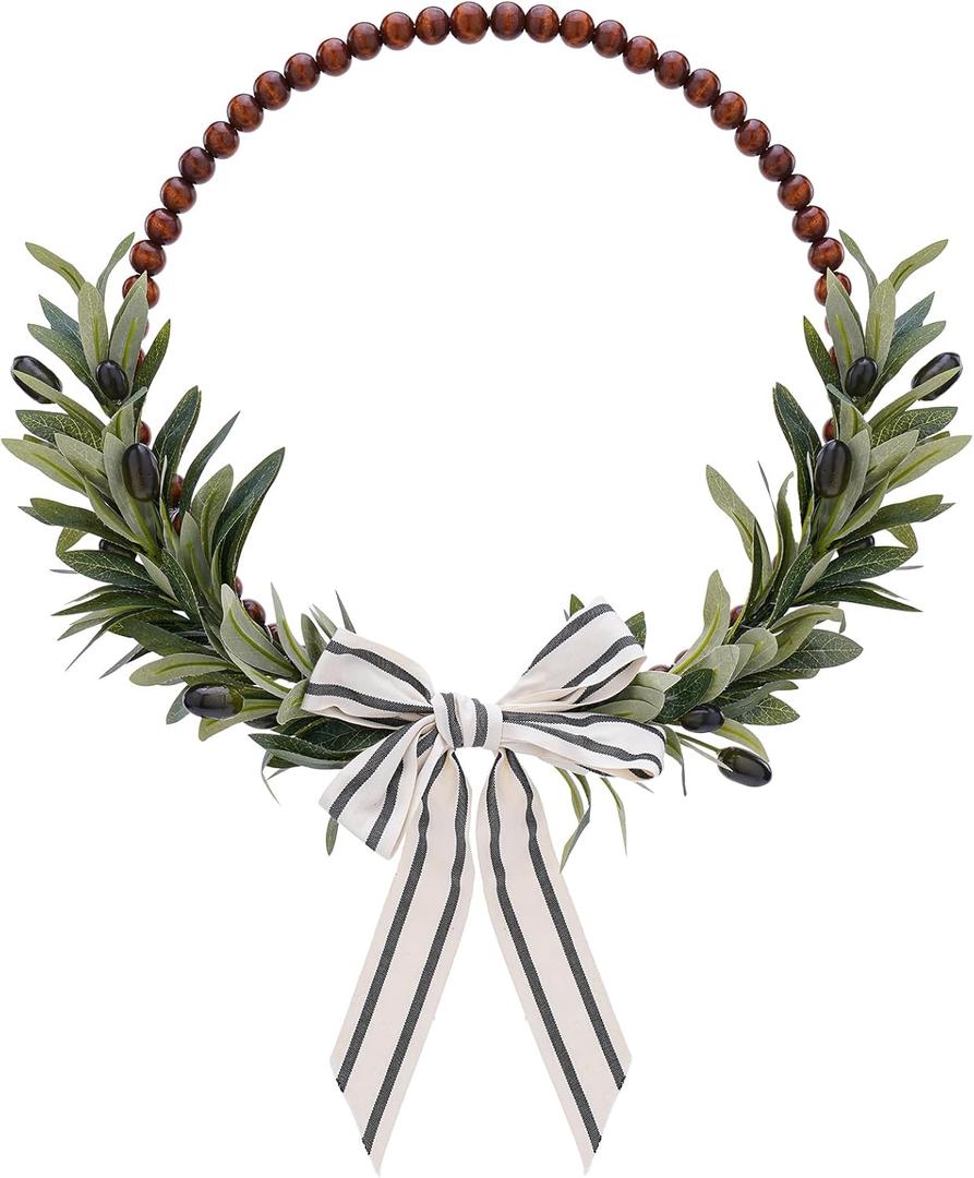 Wood Bead Olive Leaves Wreaths - 13 Inch Artificial Greenery Leaf Wreaths Farmhouse Rustic Boho Wall Hanging Decor for All Seasons for Natural Home Indoor Outdoor Bedroom Decoration