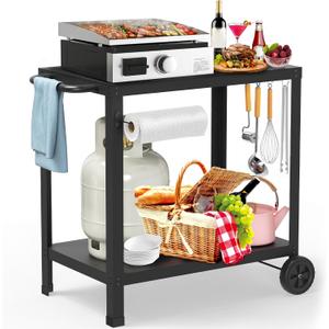 32x20IN Double-Shelves Grill Table, Outdoor Grill Cart for Blackstone Griddle, Movable Pizza Oven Table Cart for Outside Patio, Kitchen Cooking Food Prep Table for Party
