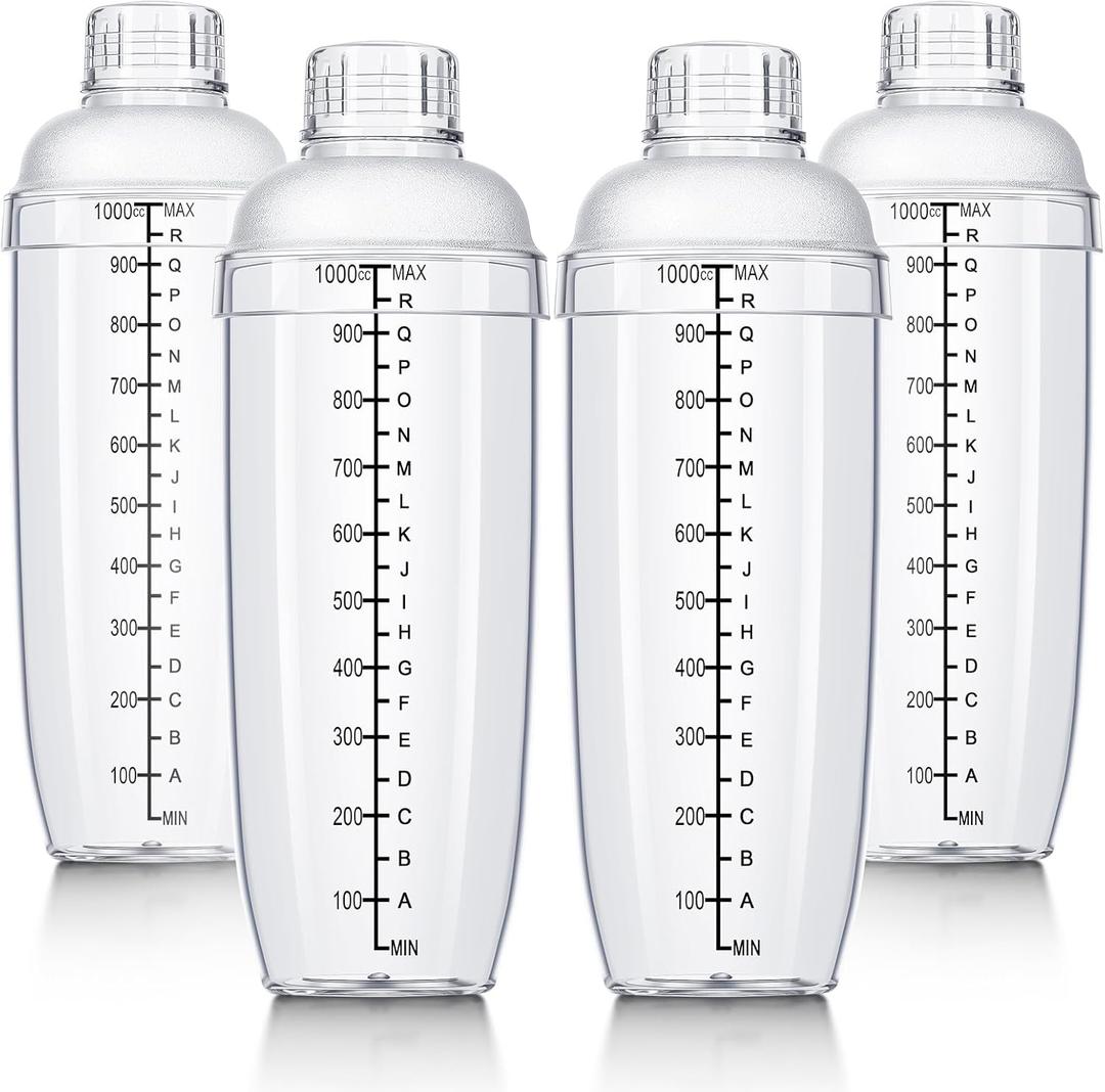 Lallisa 4 Pcs Plastic Cocktail Shaker Hand Drink Mixer Bubble Tea Shaker with Scales and Strainer Top Clear Cup with Measurements Mixing Tool for Tea Coffee Milk(1000 Cc/ 34 oz)