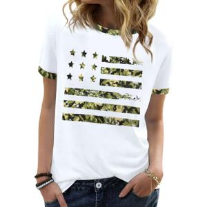 YZMI American Flag Shirts Women 4th of July Memorial Day Shirt Short Sleeve Camouflage Ringer Stars Stripes Graphic Apparel C-White M (White, M)