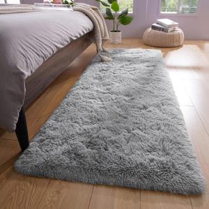 YJ.GWL Shag Runner Rug Non Slip for Bedroom Living Room Soft Small Rugs for Dorm, 2x6 Feet Grey Plush Carpet Runner for Nursery Dorm, Fuzzy Bedside Rug for Kids Boys Girls Room Home Decor