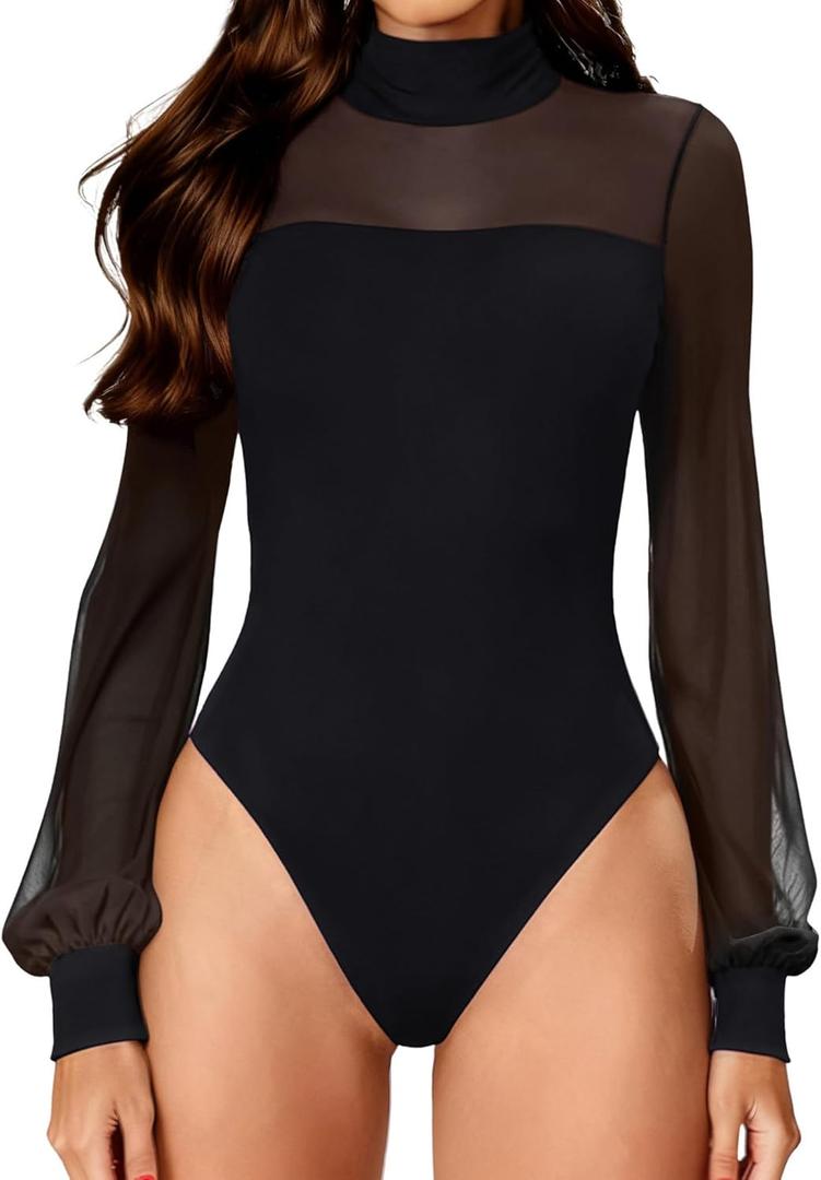 Avidlove Long Sleeve Body Suits Womens Mesh Turtleneck Bodysuit Thong Dressy Going Out Bodysuits Top Fall Outfits (Small, Black)