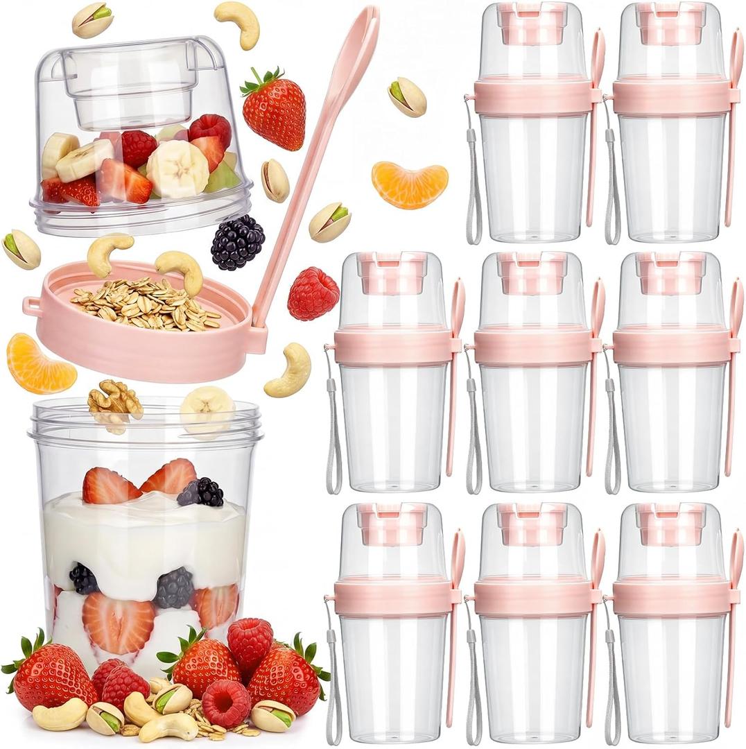 Mifoci 8 Pcs 27 oz Overnight Cereal Cup Portable Oats Container with Lid and Spoon for Yogurt Salad Fruit Oatmeal Cereal Overnight Oats Breakfast Vegetable Snack Cup(Pink)