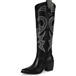 Wetkiss Black Cowgirl Cowboy Boots for Women with Zipper Western Boots Knee High Tall Knee High Botas Vaqueras Para Mujer Cowboy Cowgirl Costume for Women, 5/EU39
