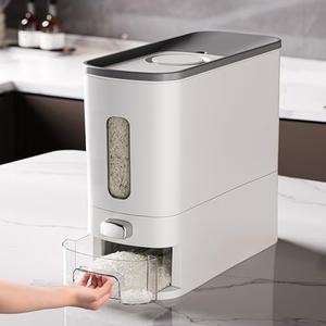 IEEK Rice Dispenser 12 Lbs,Large Cereal Dry Food Storage Containers Rice Storage Container Sealed Moisture Proof with Measuring Cup for Kitchen Pantry Household, White and Grey