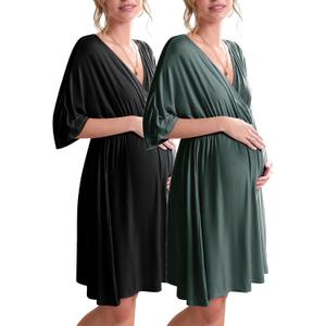 Ekouaer 3 in 1 Labor/Delivery/Hospital Gown 2 Pack Maternity Dress Nursing Nightgown Sleepwear (XX-Large, Black/Dark Green)