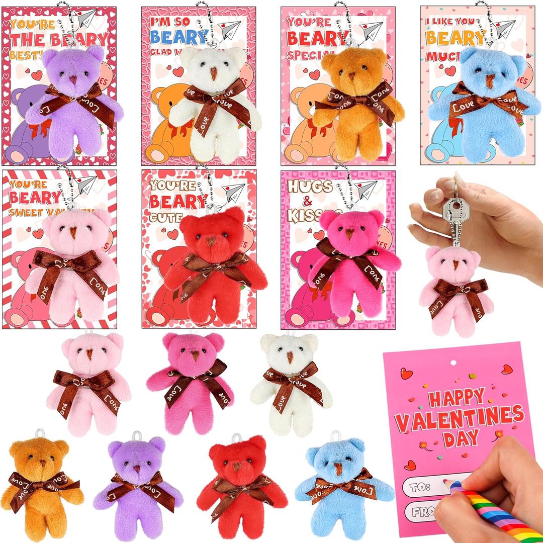28 Pack Valentines Day Cards & Mini Plush Bear Keychains, Valentines Day Gifts for Kids Classroom, Valentine's Day School Party Favors Class Exchange Prizes for Boys Girls