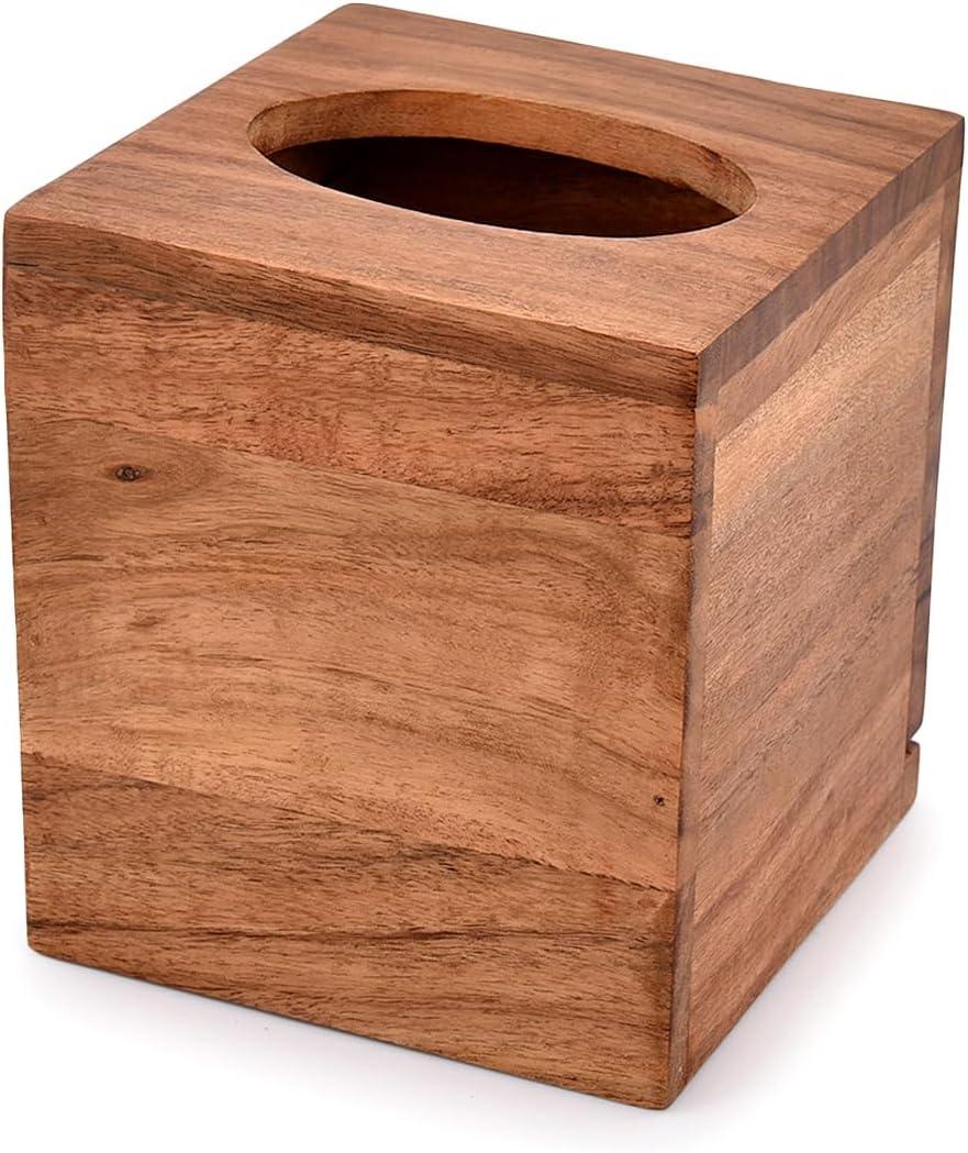 NIRMAN Acacia Wood Square Tissue Box with Slide-Out Bottom for Bathroom, Bedroom, Dinner Table, Office (5.5" x 5.5" x 6")