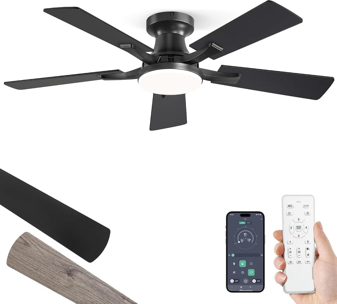 ZMISHIBO 42 Inch Ceiling Fan with Light, App&Remote Control, Flush Mount Low Profile, Dimmable 20W LED Light, Quiet Reversible Motor for Bedroom, Living Room, Apartment, Black