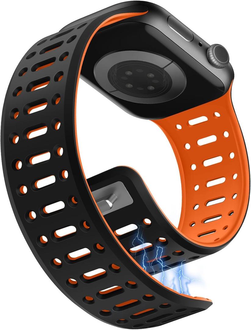 Magnetic Band Compatible with Apple Watch Band 49/46/45/44/42mm for Men Women, Breathable Silicone Sport Band with Safety Button for iWatch Ultra Series 11 10 9 8 7 6 5 4 3 SE (Black-Orange)