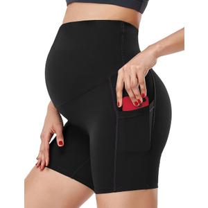 HOFISH Maternity Shorts for Women Over The Belly Pregancy Biker Shorts Workout Active Running Short Pants with Pockets (Black, XL)