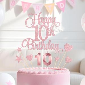 Rose Gold Happy 10th Birthday Cake Decorations, Glitter 10th Birthday Cake Toppers Set and Numeral 10 Candles for Birthday Party Supplies, Heart Star Cupcake Decorations