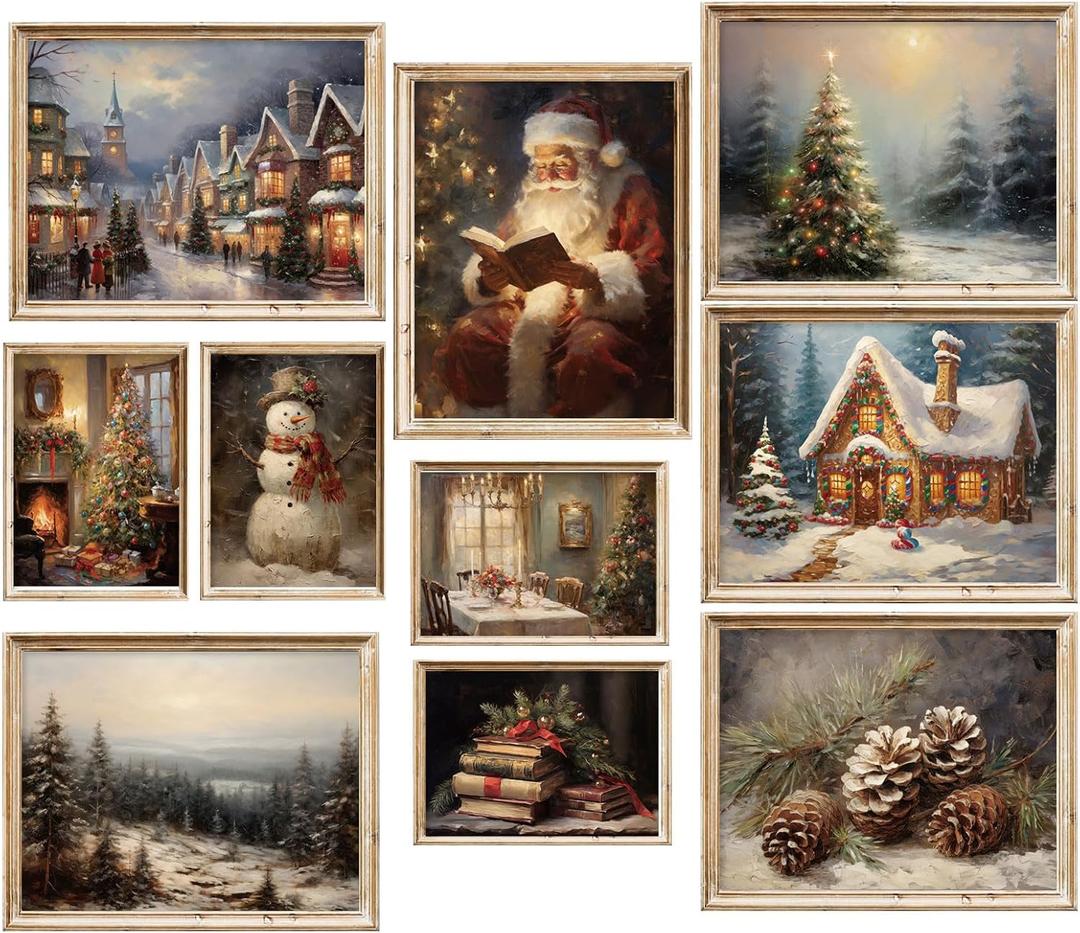 Whaline 10 Sheet Vintage Christmas Wall Art Prints Snow Scene Santa Xmas Tree Posters Retro Warm Seasonal Paper Wall Arts for Winter Holiday Living Room Bedroom, Unframed