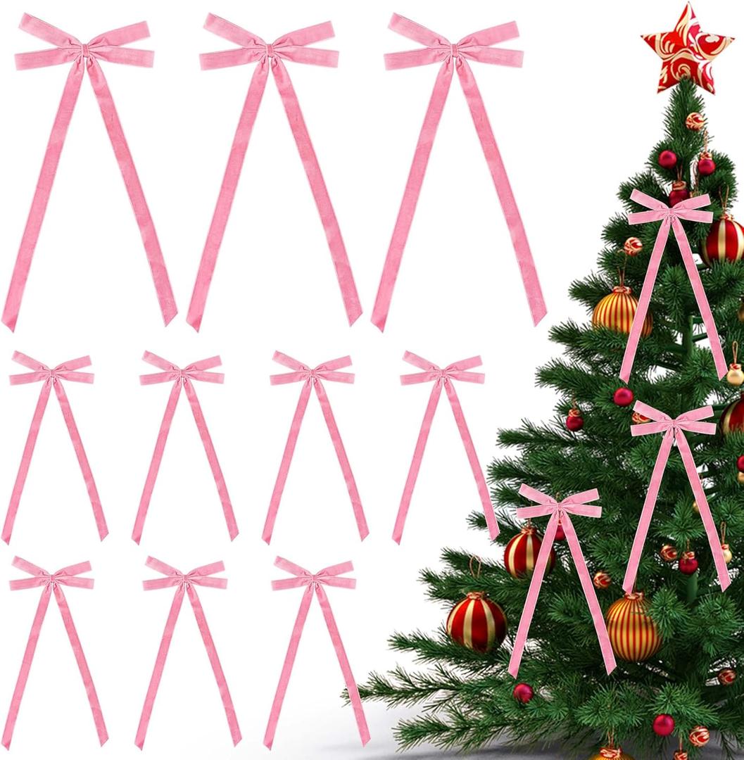 12 Pcs Velvet Bows for Christmas Tree, Pink Bows Ornaments for Garland Wreath Gift Wrapping Candy Bags Party DIY Decorations(8 x 17 Inch, Width of 1")