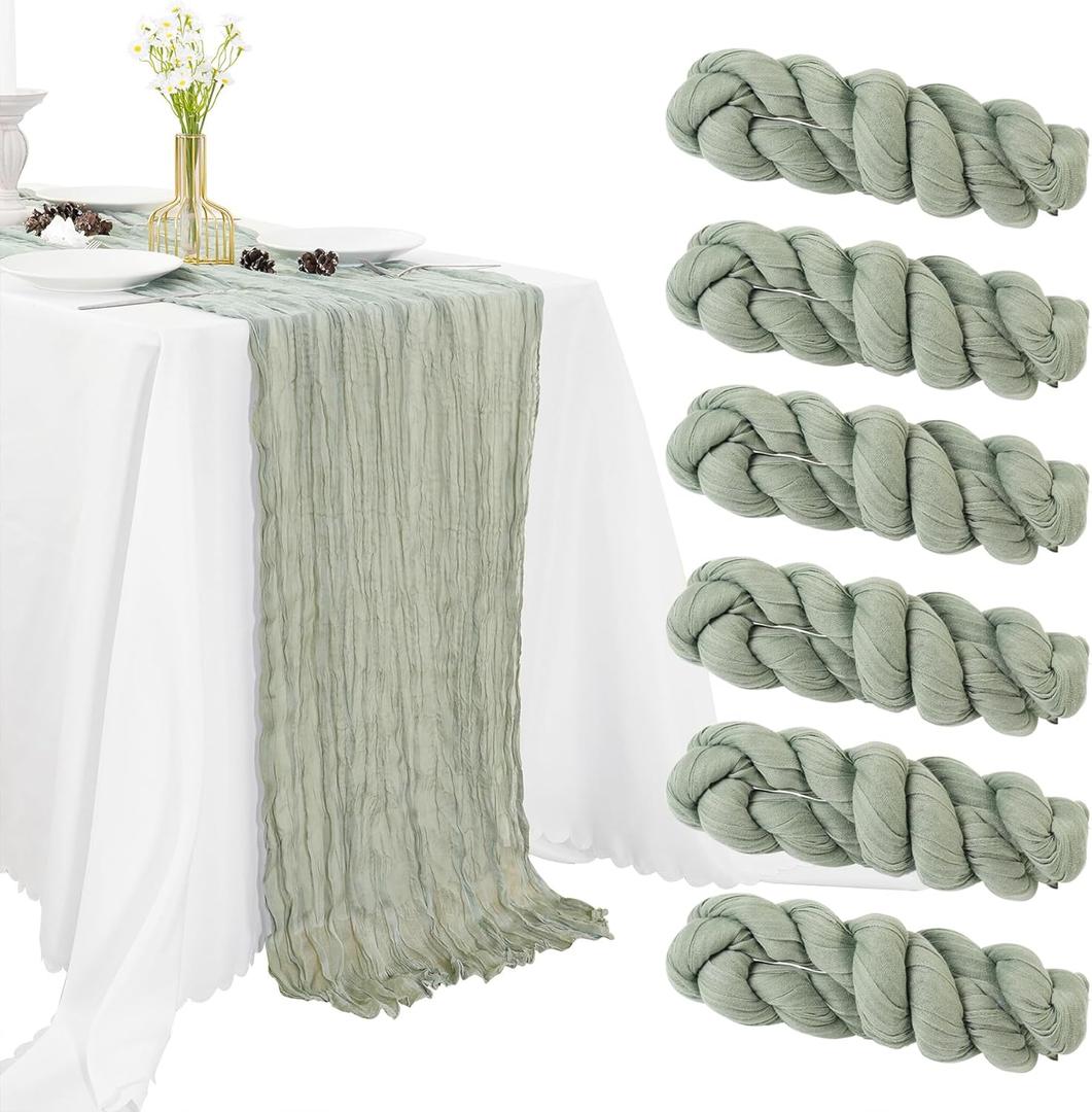 6 Pcs Sage Green Cheesecloth Table Runner, 10ft Cheese Cloth Table Runners for Christmas Birthday Wedding Party Baby Shower Valentine's Day Table Decoration