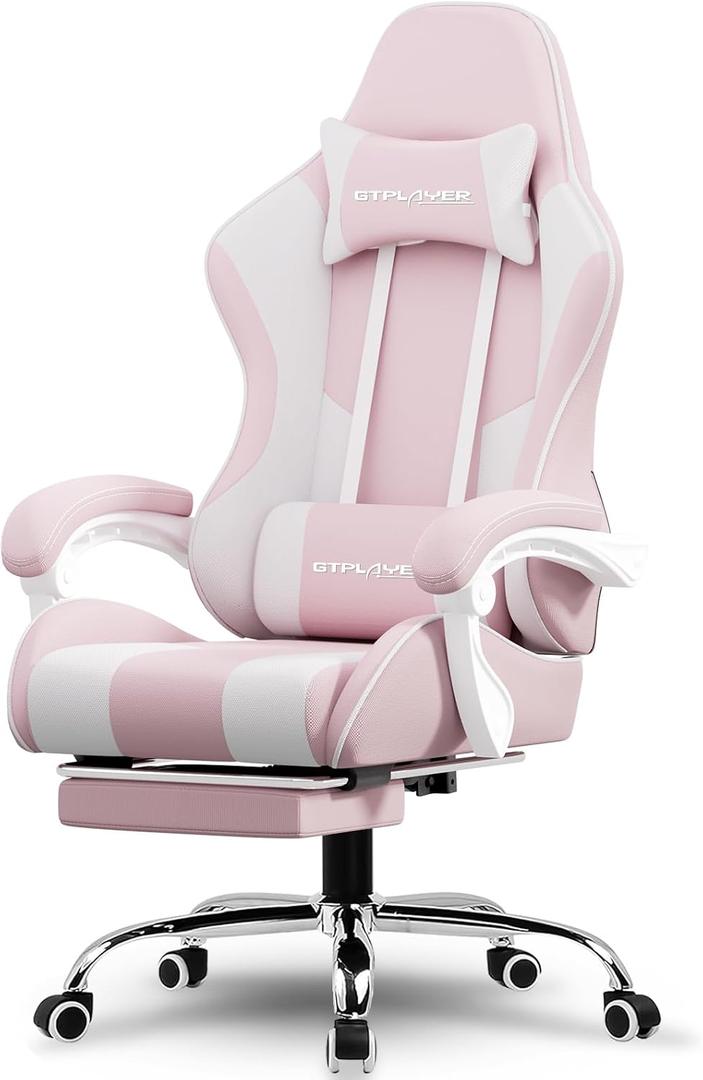 GTPLAYER Gaming Chair with Footrest, Computer Chair with and Lumbar Support, Height Adjustable Game Chair with 360°-Swivel Seat and Headrest and for Office or Gaming (Pink-Fabric), 20.05 inches x 20.08 inches x 49.21 inches