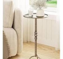 Brass Distressed Iron Round Pedestal End Table, 25 Inch Vintage Martini Cocktail Accent Table with Tray Top for Living Room, Bedroom 
