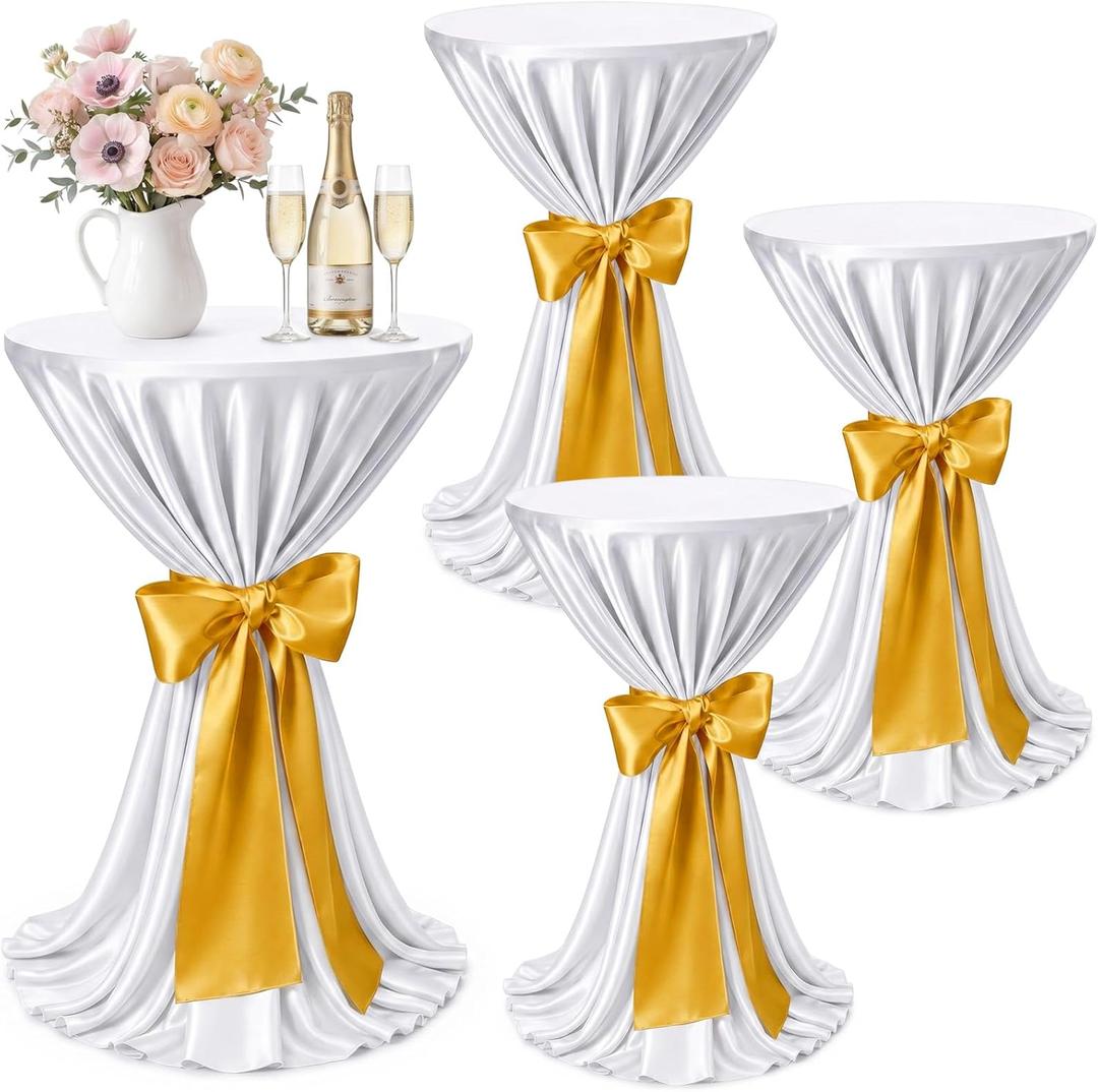 4 Set 108 Inch Cocktail Table Covers with Satin Sash Round Satin Table Overlay Cocktail Tables Skirt for Wedding Party Banquet Decor, Fits 60cm Round Tables(White, Gold)