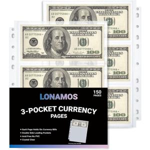 150-Sheets Double-Side 3-Pocket Currency Pages - 11 Holes for Currency Binder, 900 Pockets Paper Money Collection Pages for Dollar Bills, Banknotes and Coupons, Currency Sleeves Collecting Album Pages