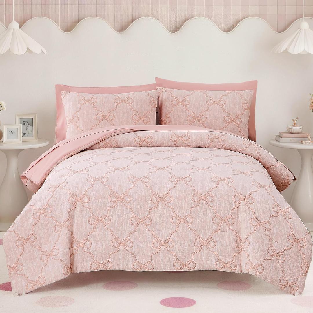 BLOOMHAVEN Twin XL Comforter Set for Girls, 5 Pieces Pink Bow Bedding Set, All Seasons Kids Twin Comforter Set with Sheets, Pillowcase & Sham