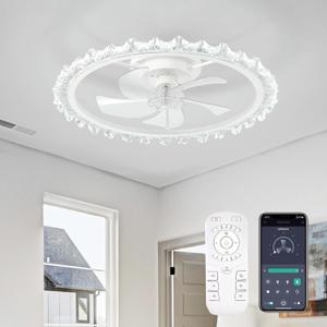 Ceiling Fans with Lights, 24 Inch Ceiling Fan with Light and Remote, Low Profile, Reversible, Dimmable LED, Flush Mount, DC Motor, Fandelier White Ceiling Fan for Bedroom, Kitchen, Office