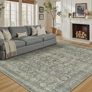 WondRg 6x9 Washable Neutral Area Rug Living Room Floral Non Slip Low Pile Throw Rug Vintage Traditional Stain Resistant Carpet Bedroom Kitchen Dining Room Office Playroom