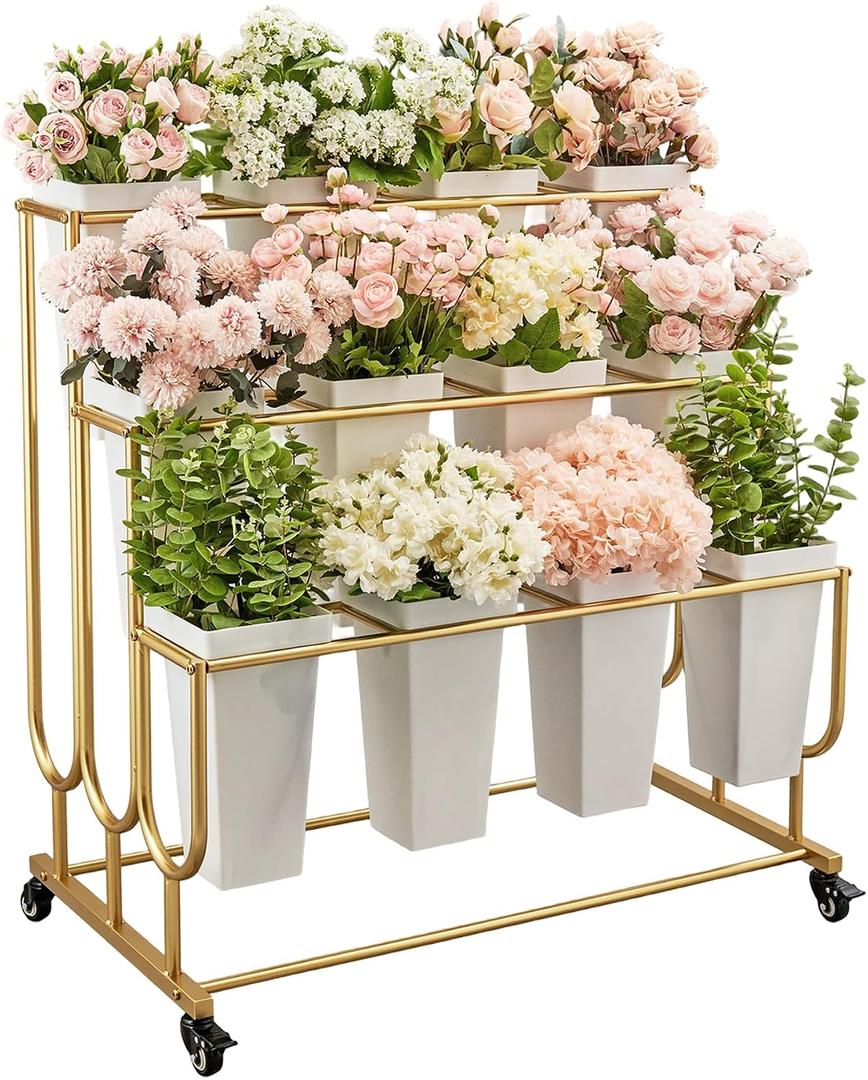 Flower Display Stand Frame, 3-Tier Flower Cart with Wheels, Metal Floral Display Rack , Moving Florist Bouquet Shelf for Shop , Flower Bar, Events (Gold - 3 Tier) , Without Flower Buckets