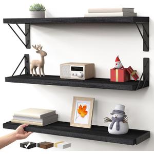 BAYKA Wall Mounted Floating Shelves, Wood Floating Wall Shelf for Books & Decor, Small Space-Saving Display & Organizer, Black, 23in Set of 3