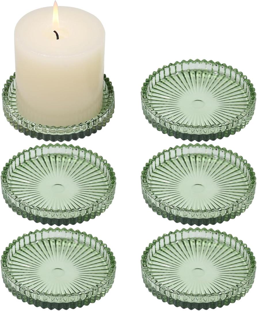 Glass Pillar Candle Holder, 4" Green Candle Plates Set of 6, Glass Candle Holders for Wedding, Party, Holiday, Home Decor, Table Centerpiece