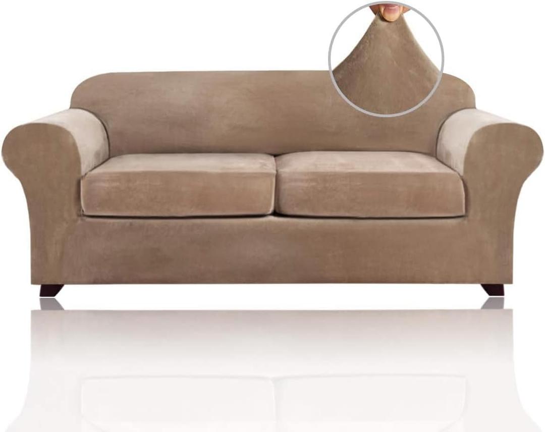 PrinceDeco Couch Cover Velvet Plush Sofa Covers for 2 Cushion Couch Width Up to 90 Inch Washable Furniture Protector Pet Friendly No Slip Sofa Slipcover(Medium-Large, Camel)