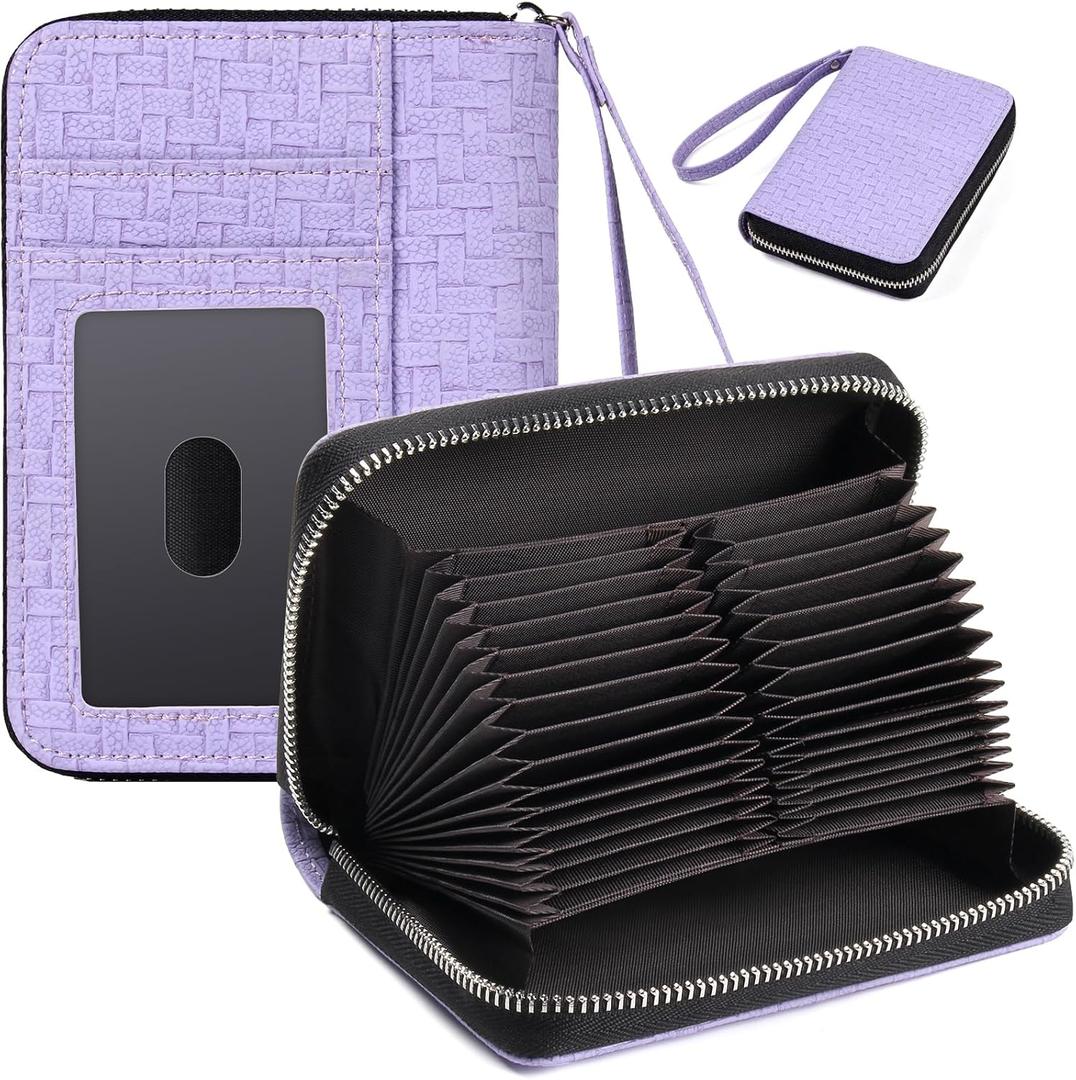 EcoVision RFID Credit Card Holder Wallets for Women Large Storage Space Accordion Zipper Card Case Holder,Leather Organizer Case with Lanyard (Woven Lilac)