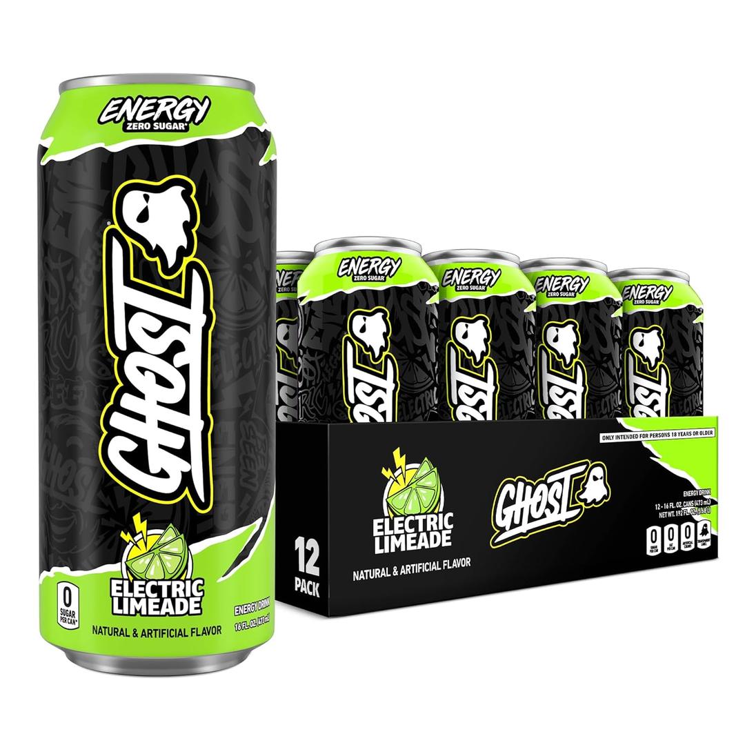 GHOST Energy Drink - 12-Pack, Electric Limeade, 16oz Cans - Energy & Focus & No Artificial Colors - 200mg of Natural Caffeine, L-Carnitine & Taurine - Gluten-Free & Vegan