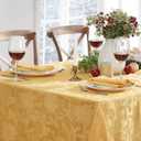 Newbridge Christmas Carol Holiday Noel Damask Fabric Tablecloth, 60 x 84 Inch Rectangle, Gold, Holly Leaf Poinsettia Weave, Wrinkle Free Soil Resistant Easy Care Table Cover