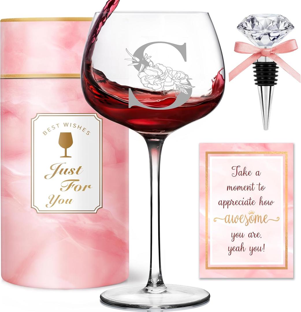 Personalized Gifts for Women - Monogrammed A-Z Wine Glass Customized Gifts, Unique Birthday Gifts for Women, Christmas Basket Gift for Her, Mom, Wife, Sister, Friend, NurseS