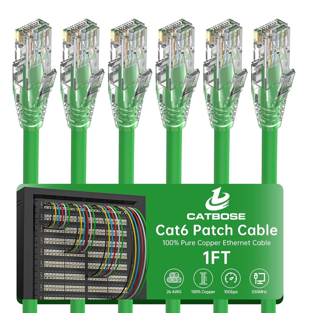 1 Foot Cat6 Patch Cable(6 Pack), Solid Pure Copper Patch Cord, Cat 6 Ethernet Cable, UTP Network, High Speed RJ45 Internet Cable, Compatible for Routers, Switches, PC, Servers, PS4/5, Xbox - Green