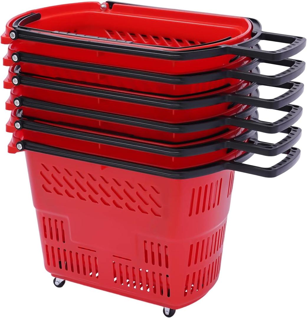 TBVECHI 6PCS Shopping Carts with Wheels and Handle, 35L Red Shopping Basket Plastic Rolling Shopping Basket, Portable Shopping Basket Set in Supermarkets and Retail Stores