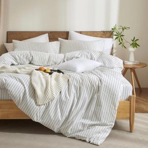 Striped Duvet Cover Set Full Size 100% Washed Cotton Linen Feel Natural Wrinkle Comfy Lightweight Bedding Set (Full, Wide Stripe-White/Black) (Full(80" x 90"))