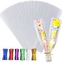 100Pcs Cellophane Treat Bags 3 X 11 Inches Clear Long Flat Gift Wrap Clear Pretzel Bags with 6 Mix Colors Twist Cake Pop Cello Goodie Treat Party Cookies Packaging