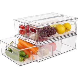 Taiuloo 3 Pack Stackable Refrigerator Organizer Bins with Pull-Out Drawer, Clear BPA-Free Food Storage Containers for Fridge Freezer, Kitchen Pantry Cabinet & Bathroom Vanity Organization