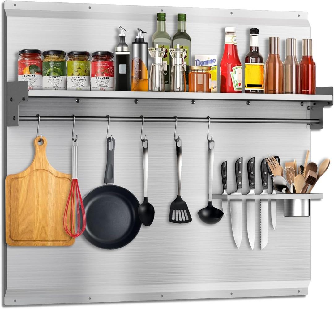 30x24 Inch Stainless Steel Stove Backsplash with Shelf, 6 Hooks & Knife Stand - Rust-Proof Kitchen Wall Protector Stainless Steel - Easy No-Drill Installation