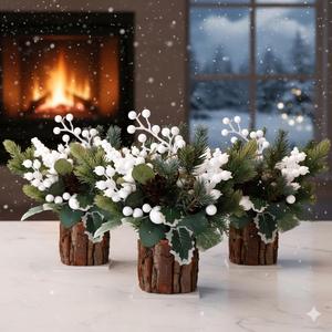 Giegxin 3 Pack Artificial Tabletop Christmas Tree for Centerpiece Decoration 12 Inch Potted Christmas Tree Faux Flower Branch with Pine Cones, Berries, Holly Bunches for Home Office Room Decorations