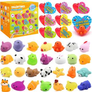 28 Pack Valentine Mochi Squishies Gifts for Kids, Greeting Cards and Animal Mochi Squishies Filled Heart-Shape Box Kawaii Squishies Stress Relief Fidget Toys Classroom Exchange Party Favors