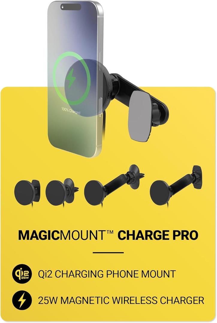 Scosche Qi2 MagSafe Car Mount Charger 25W Fast Wireless Phone Holder with 5-in-1 Mounting Options for Vent, Dashboard, Swing Arm, Back-of-Display, Compatible with iPhone 17/16/15/14/13 & Samsung S25